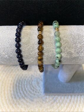 Natural Stone Beaded Bracelet - Spotted Green Jade, Tiger Eye & Druzy Azurite